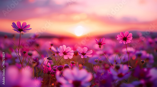 beautiful colorful meadow of wild flowers floral background, landscape with purple pink flowers with sunset and blurred background. Soft pastel Magical nature copy space photo