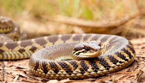 a close up of a snake on the ground with grass in the back ground and bushes in the back ground.
