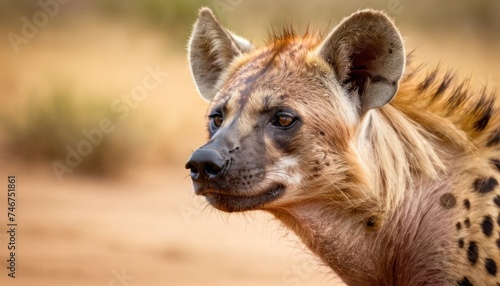 a close up of a hyena's face with a dirt ground in the background and bushes in the foreground.