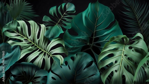 Exotic green leaves of a tropical jungle, set against a black background, embodying a vibrant tropical concept