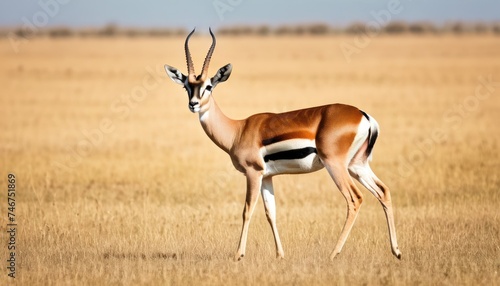 a gazelle standing in the middle of a dry grass field with trees in the back ground and a blue sky in the background.