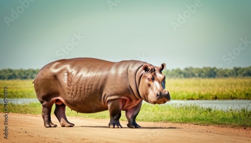 a hippopotamus standing on a dirt road next to a body of water with trees in the background.