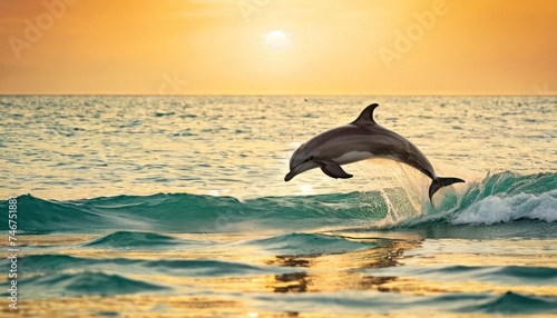 a dolphin jumping out of the water in front of an orange and yellow sky with the sun in the background. © Mikus