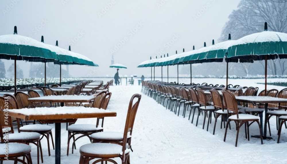 a bunch of tables and chairs covered in snow with umbrellas in the middle of the tables and chairs covered in snow.