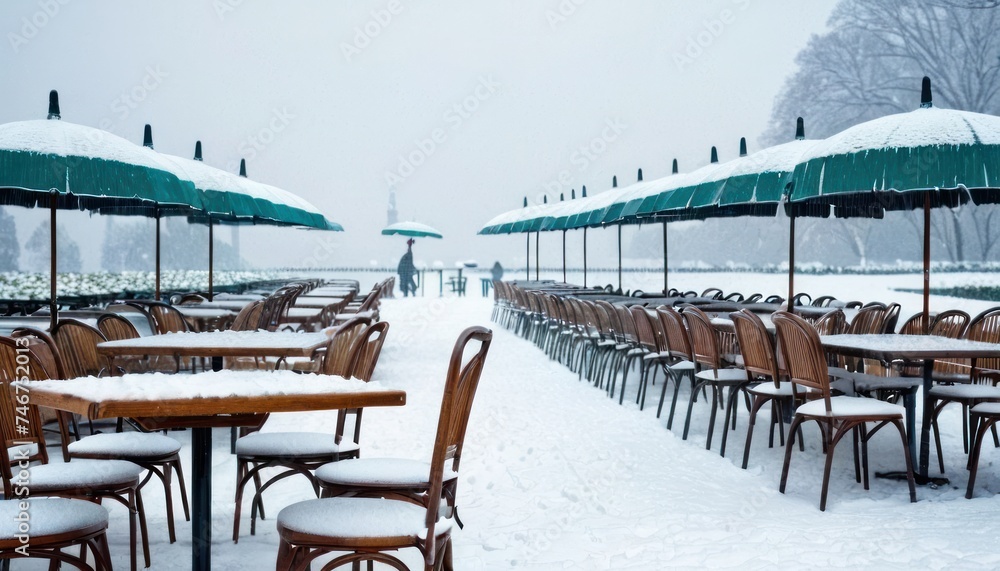 a bunch of tables and chairs covered in snow with umbrellas in the middle of the tables and chairs covered in snow. a bunch of tables and chairs covered in snow with umbrellas in the middle of the tables and chairs covered in snow.