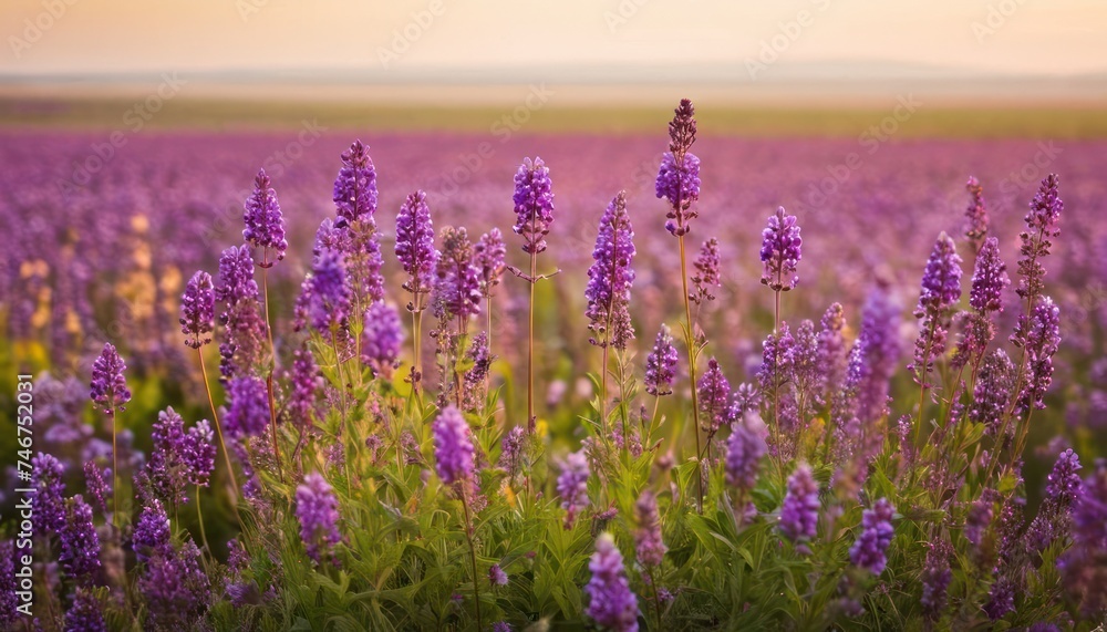 Naklejka premium a field filled with lots of purple flowers next to a field of green and purple flowers with a sky in the background.