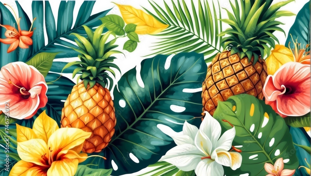 Fototapeta premium Aesthetic arrangement of tropical pink and white flowers, green leaves, pineapples and Hawaiian hibiscus on a white backdrop