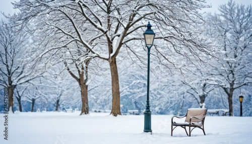 a park bench sitting in the middle of a snow covered park with a lamp post and trees in the background. photo