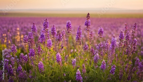 a field filled with lots of purple flowers next to a field of green and purple flowers with a sky in the background.
