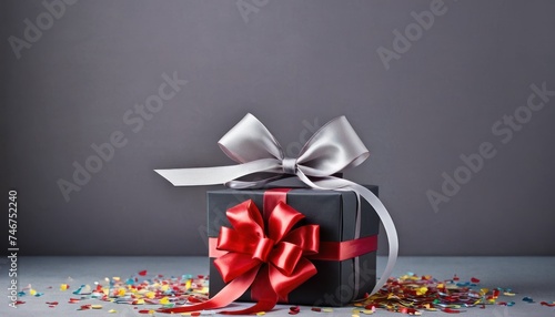 a black gift box with a red bow and streamers of confetti on a gray background with a gray backdrop. photo