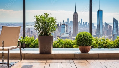 a chair and a potted plant in front of a large window with a view of a cityscape. photo