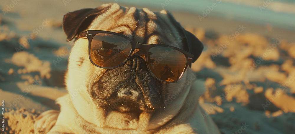 Pug Dog in Sunglasses Reflecting Beach Sunset