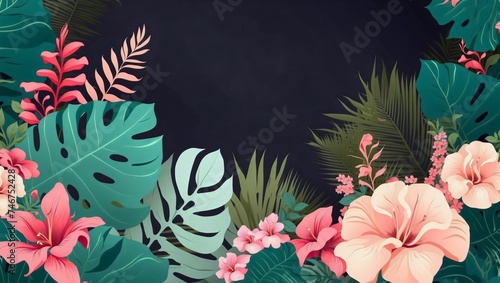 Vibrant tropical flowers and lush leaves against a dark background  abstract and decorative concept with copy space