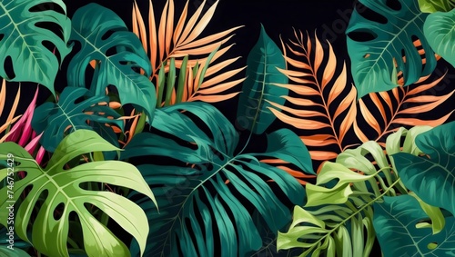 A lush tropical jungle with vibrant orange  pink  green leaves against a dark background. Illustration with a top view  depicting a tropical concept
