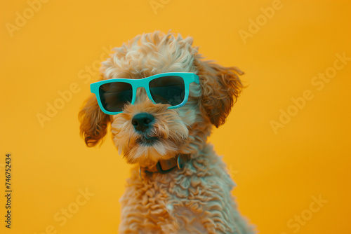 Stylish Poodle in Turquoise Sunglasses on Yellow Background © LAJT