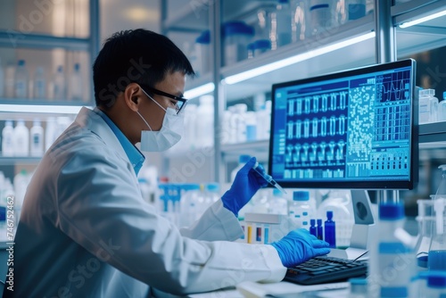 A focused scientist in a laboratory examines genetic sequencing data on a computer screen, engaged in advanced biomedical research.