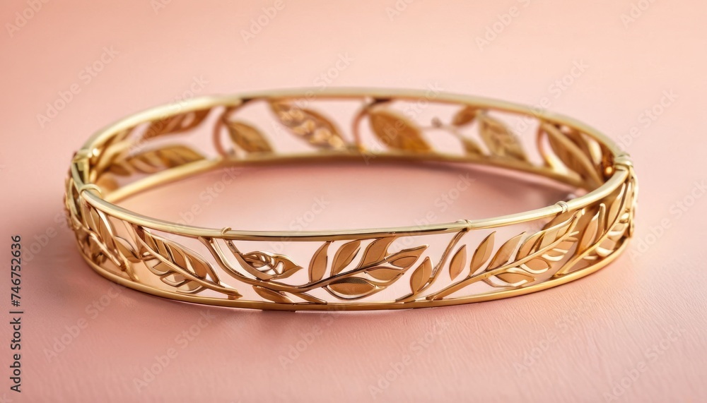 a close up of a gold bracelet on a pink surface with a leaf design on the front of the bracelet. a close up of a gold bracelet on a pink surface with a leaf design on the front of the bracelet.
