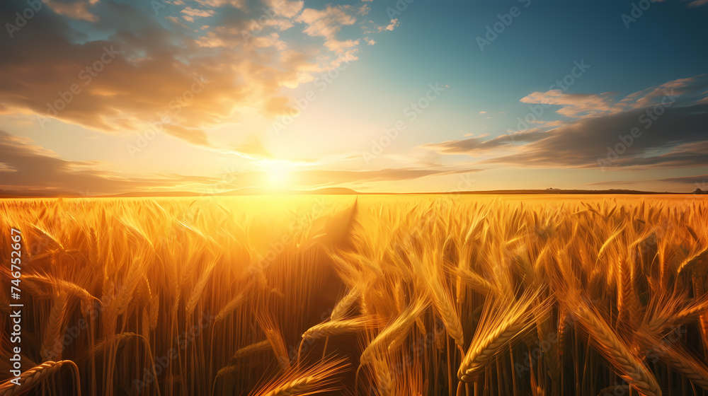 Close-up of a wheat field with sunlight shining through the ears in the foreground Close-up of a wheat field with sunlight shining through the ears in the foreground