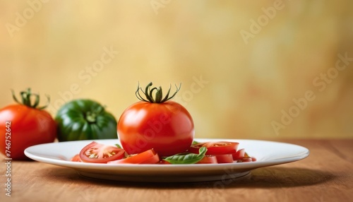 a white plate topped with a pile of tomatoes and a pile of green peppers on top of a wooden table.