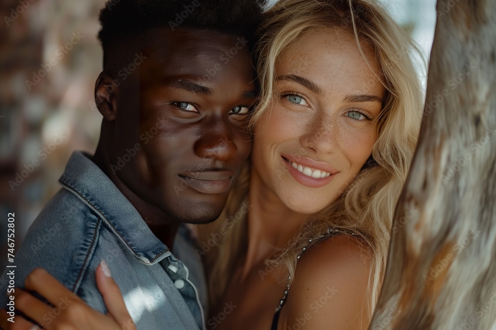 Fototapeta premium A multiracial, interracial couple smiling and standing side by side.