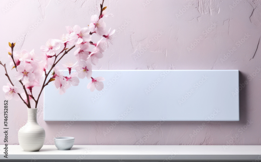 cherry blossoms in a vase against a pink plastered wall background with copy space for spring invitations or announcements.