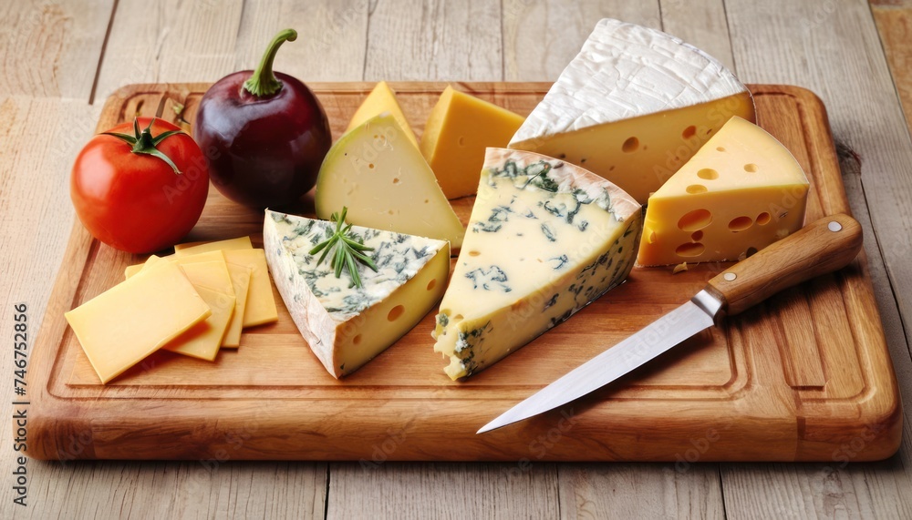 a cutting board with a variety of cheeses on it and a knife on the side of the cutting board.