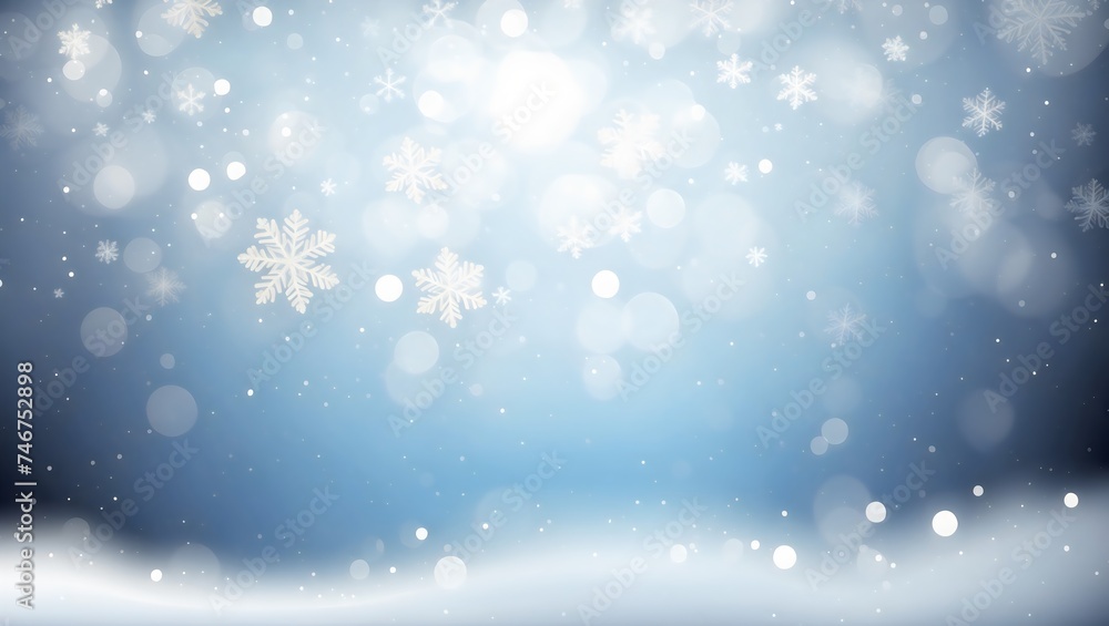 Winter concept with soft scene with snowflakes, snowfall, sparkling lights on a blue bright bokeh background