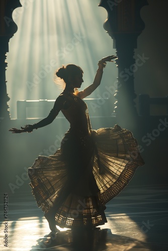 A woman in a long dress is gracefully dancing traditional Bharat Natyam steps. photo