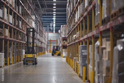 A forklift navigates through shelves filled with goods in a spacious warehouse.
