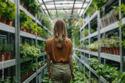 A woman, possibly a biologist or gardener, navigating rows of plants in a greenhouse setting.