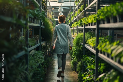 Scientist walking through greenhouse garden