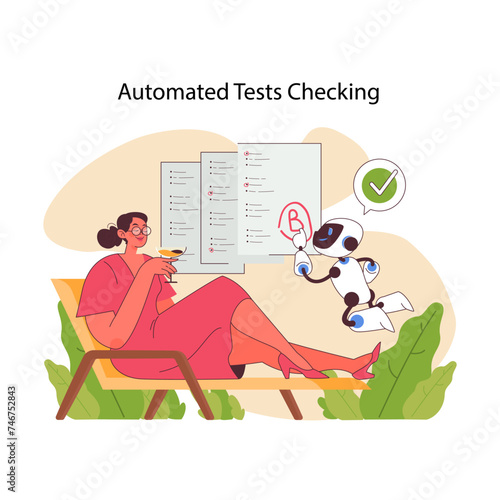 AI in education showcasing automated test checking with a robot. Flat vector illustration
