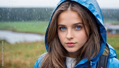 a young girl in a blue raincoat looking at the camera with a blurry background of grass and a body of water in the distance. photo