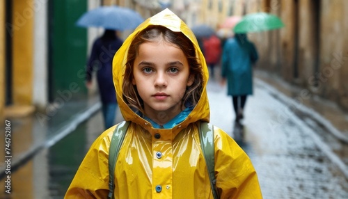 a young girl wearing a yellow raincoat and carrying an umbrella on a rainy day in a european alleyway. photo