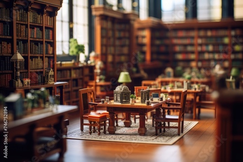 A quaint, tilt-shifted diorama of a Victorian style library, exuding warmth and old world charm