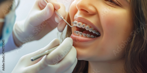 Jugendliche mit Zahnspange während einer Zahnarztbehandlung photo