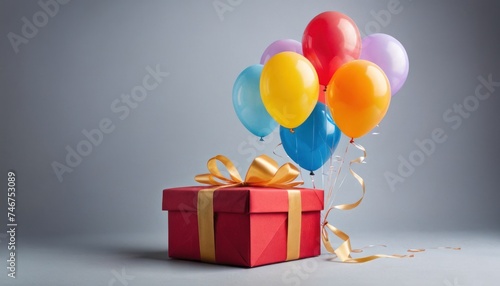 a red gift box with balloons and a ribbon tied around it and a red box with a gold ribbon and a red box with a gold bow on a gray background.