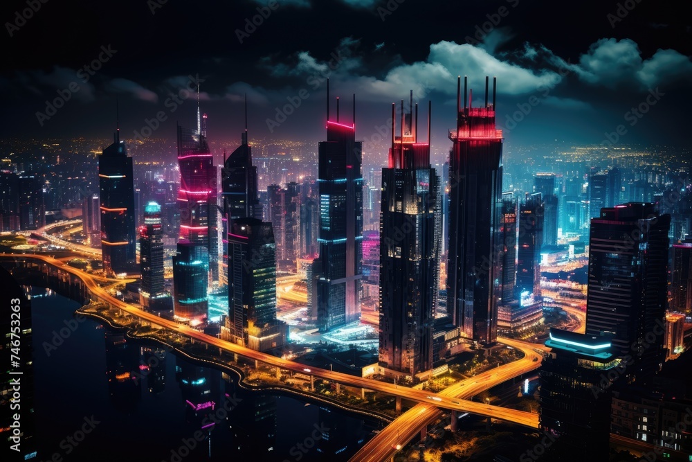A tilt-shift lens blurs the edges, turning a bustling night cityscape into a toy like panorama A tilt-shift lens blurs the edges, turning a bustling night cityscape into a toy like panorama