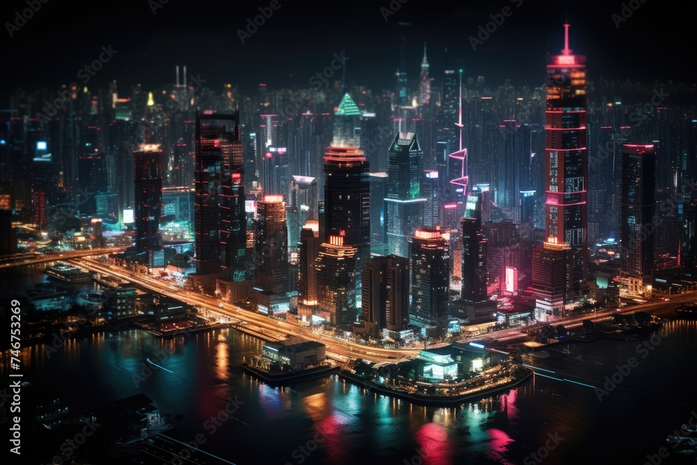 A tilt-shift lens blurs the edges, turning a bustling night cityscape into a toy like panorama