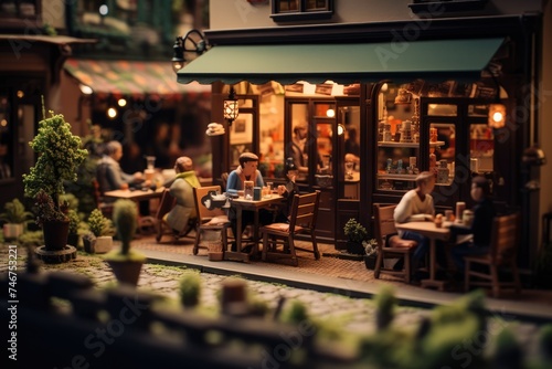 A tilt shift snapshot of a bustling miniature street cafe, exuding warmth and charm photo