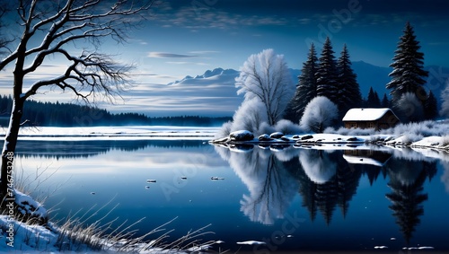 Beautiful winter landscape with cottage on right side surrounded with frosty trrees, a frozen lake, and a cloudy sky reflecting in the water photo