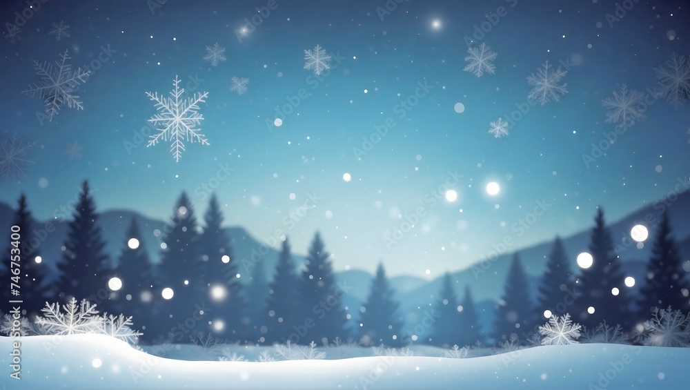 Snowy winter landscape with snowflakes, trees, forest and mountain silhouette, snowy ground, blue bokeh background, Christmas Abstract Backdrops