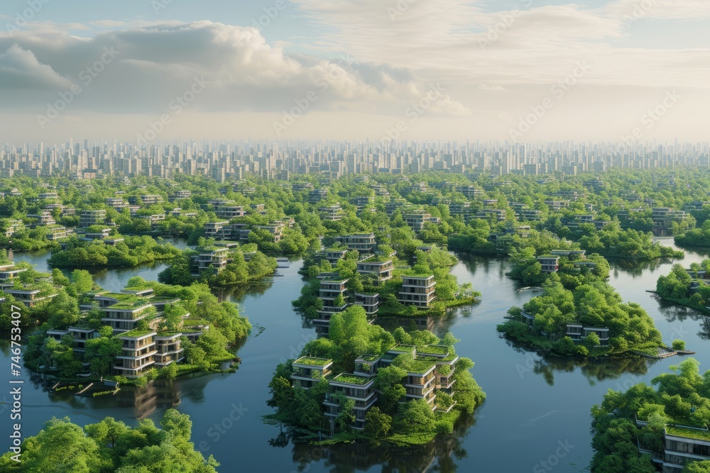 Aerial view of futuristic floating residential structures surrounded by lush greenery on water, with a distant city skyline under a partly cloudy sky.
Aerial view of futuristic floating residential structures surrounded by lush greenery on water, with a distant city skyline under a partly cloudy sky.