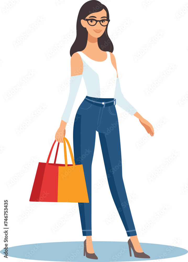Young adult woman glasses casual clothing holding shopping bags, confident shopper, stylish consumer. Modern fashion urban lifestyle vector illustration