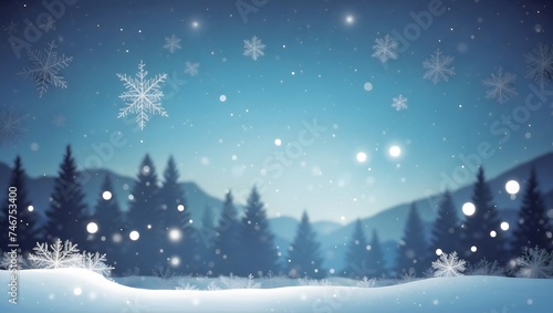 Snowy winter landscape with snowflakes, trees, forest and mountain silhouette, snowy ground, blue bokeh background, Christmas Abstract Backdrops © CraftyStarVisual