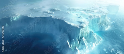 A large iceberg, part of a glacier, floats in the cold waters of the North Pole. The iceberg appears massive, contrasting with the vast ocean surrounding it.