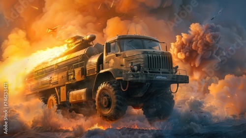 a powerful missile truck launching into action, with billowing smoke and flames engulfing the scene as the vehicle accelerates forward, ready to deliver its payload with precision and force.