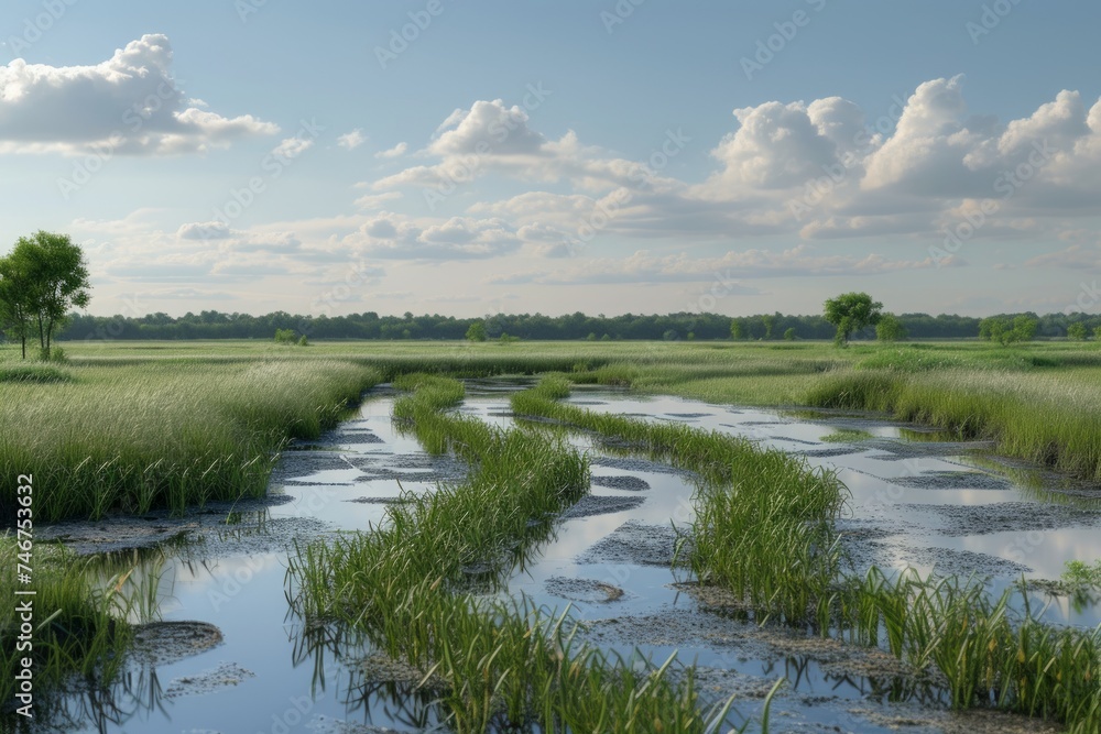 A tranquil wetland scene featuring winding water channels, lush green vegetation, and a clear, partly cloudy sky, highlighting the beauty of untouched nature.
A tranquil wetland scene featuring winding water channels, lush green vegetation, and a clear, partly cloudy sky, highlighting the beauty of untouched nature.
