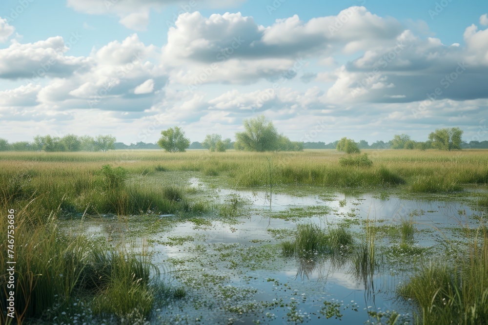 A picturesque wetland area with still waters, abundant greenery, and a sky filled with scattered clouds, capturing the essence of a pristine natural habitat.
A picturesque wetland area with still waters, abundant greenery, and a sky filled with scattered clouds, capturing the essence of a pristine natural habitat.