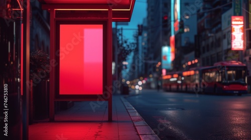 Blank billboard on bus stop shelter at night photo